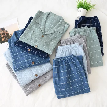 

Autumn Japanese Couple Pajamas Women Long Sleeve Cotton Cartoon Printing Sleepwear Loungewear Crepe Fabric Plaid Pijama Mujer