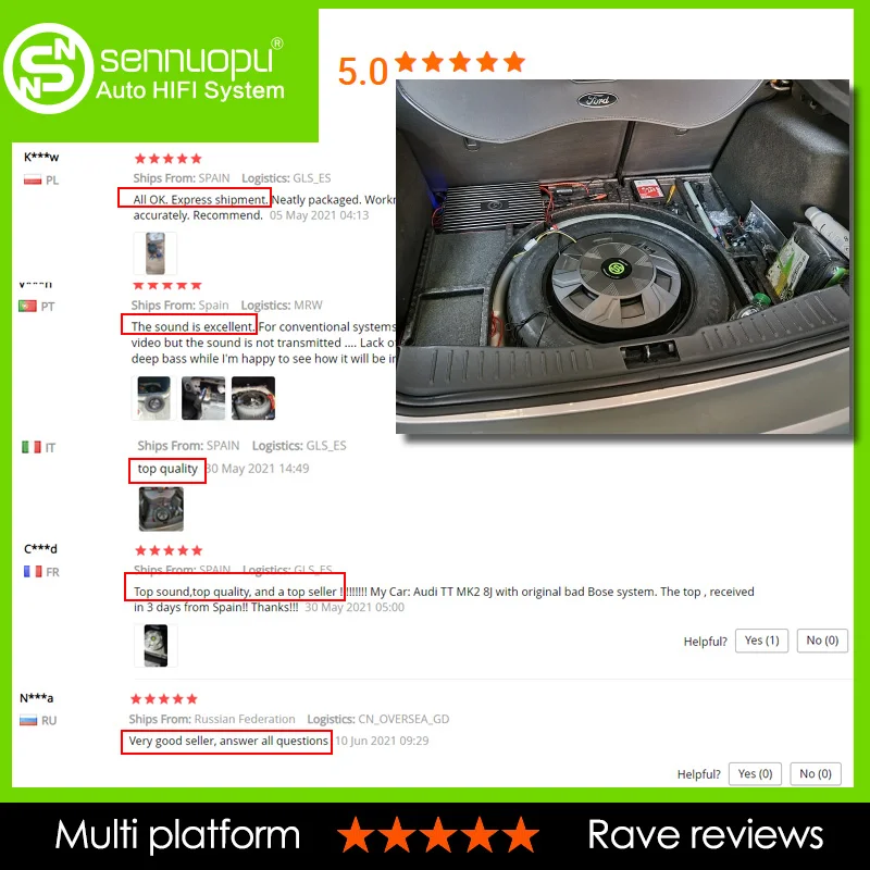 Sennuopu Car Subwoofer Class AB Power Amplifier Bass Speakers Aluminum Box Active Sub Woofer Install on Spare Tire Audio System