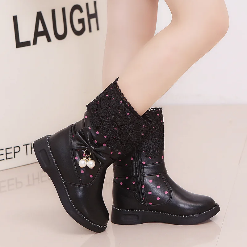 Winter Children Cotton-padded Shoes Bow Pricess PU Leather Lace Snow Warm Boots Fashion Boot Knee High Boots Size 27-37