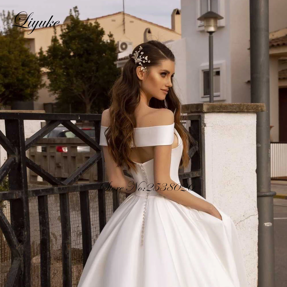 Liyuke с открытыми плечами великолепное бальное платье свадебное платье из атласа со шлейфом роскошное свадебное платье