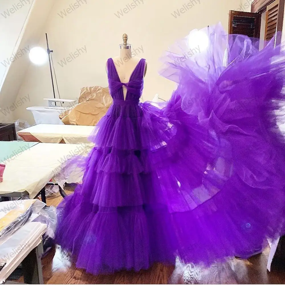 Chic Design Purple Tiered Ruffle Tulle Dress Women 2020 Deep V-Neck Long Tulle Dresses Celebrity Evening Prom Grown Custom Made