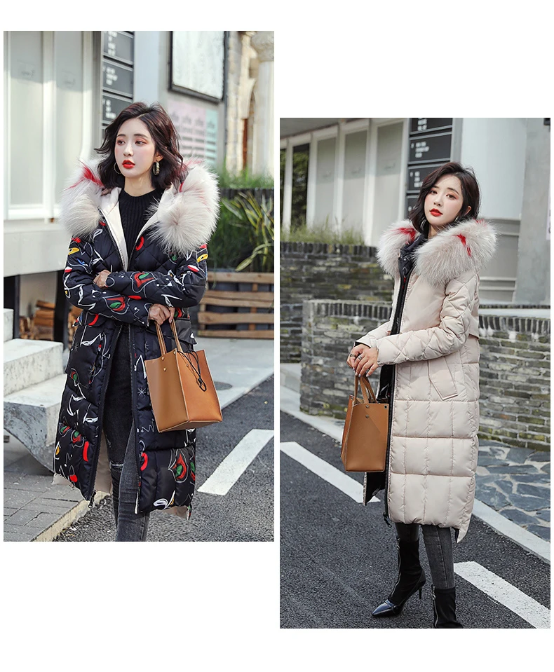 JOJX новая Двусторонняя одежда женская зимняя куртка с меховым капюшоном Длинная стеганая парка Print Женское пальто