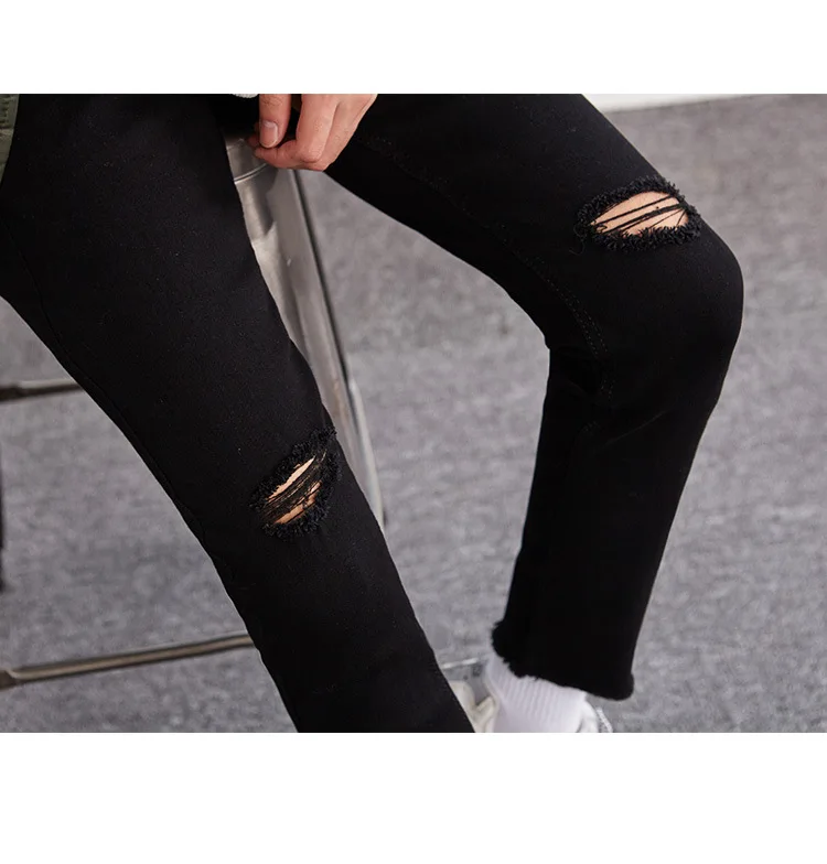 2019 новый стиль, джинсы с дырками, трендовые, корейский стиль, обтягивающие, облегающие, блестящие, крутые, черные, узкие брюки, мужские
