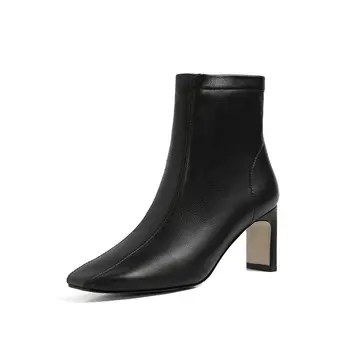 

Handmade Genuine Leather High Heels ladies ankle boots Classic Design square Toe Shoes For Women Wedding dress Shoes Woman