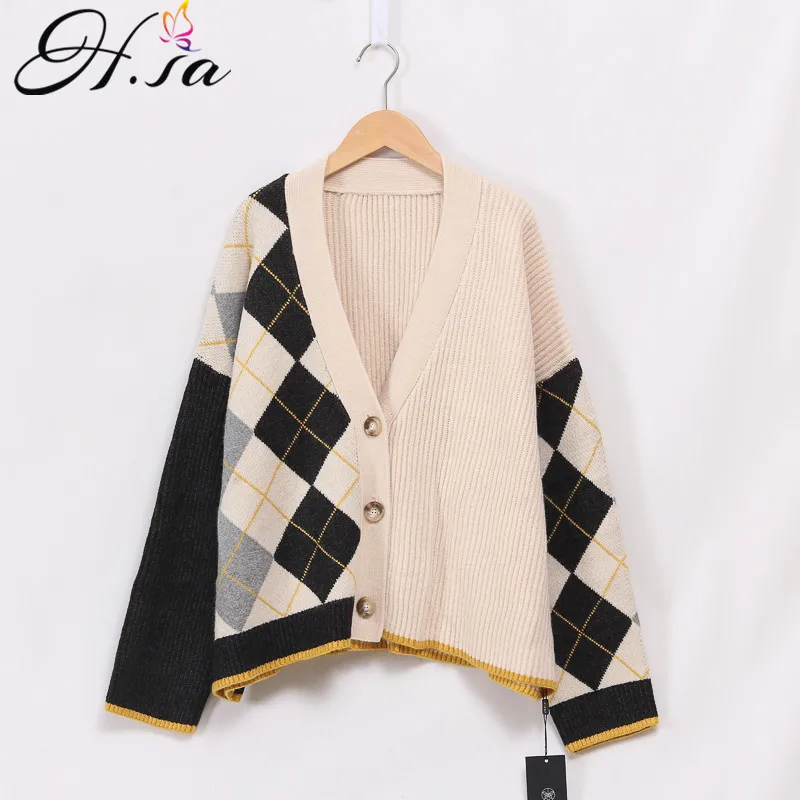 H.SA Women Vintage Sweater Cardigans V neck Geometric Retro Jacket Coats Knitwear Loose Sweater Oversized Thick Winter Coat