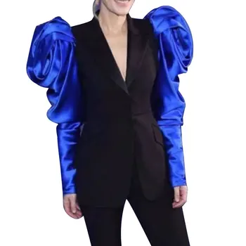 

Patchwork Hit Color Women's Blazer Puff Sleeve Notched Female Blazers 2020 Spring Plus Size Fashion New Clothing