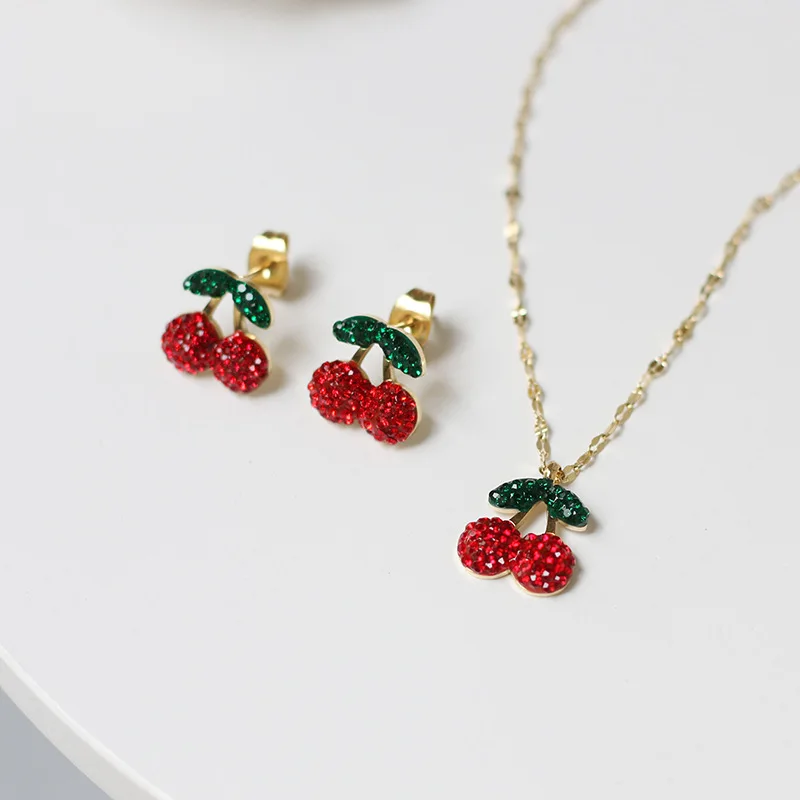 2021 Lovely 18 K Gold Crystal Cherry Pendant Necklace Earring Woman Jewelry Fashion Titanium Steel Accessory Never Fade | Украшения и