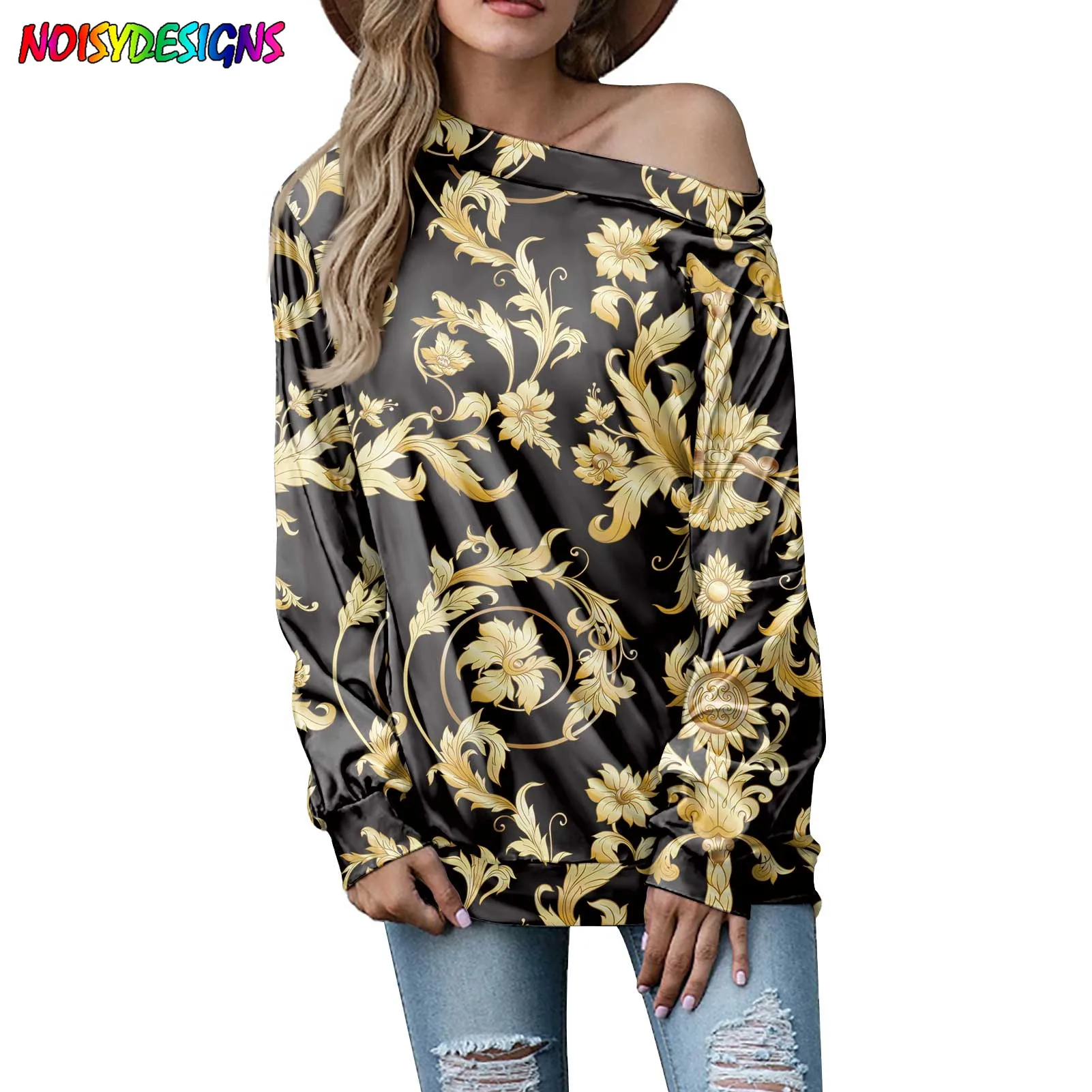 

NOISYDESIGNS Golden Europe Floral Prints Women's Long Sleeve T-shirt Summer Fashion Casual Sexy Off Shoulder Sexy Tops Soft