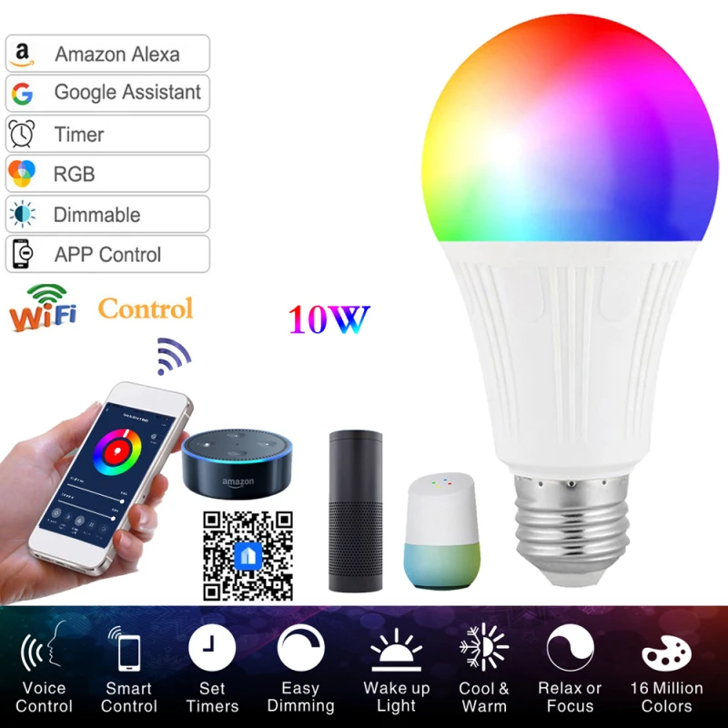 10 Вт светодиодный смарт-лампочка WiFi, AC85-265V E27 B22 E26 RGBW диммируемая умная лампочка с Amazon Alexa, Google Assistant
