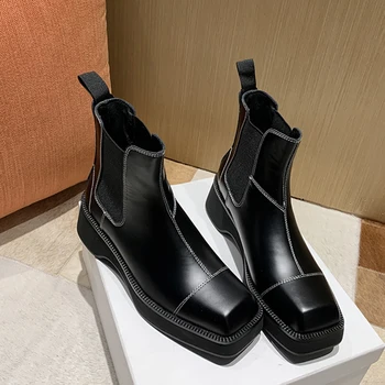 

Genuine Leather British Style Ankle Boots for Women High Platform Square Toe Plat with Woman Winter Shoes Ladies Chelsea Boots