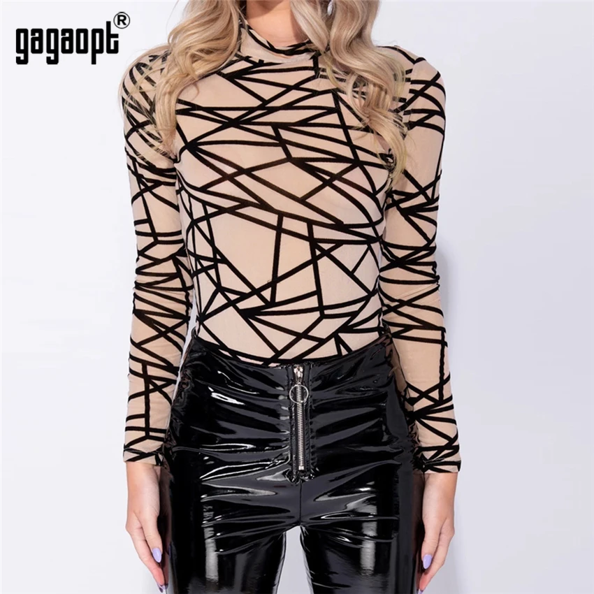 Gagaopt женские сексуальные с геометрическим принтом сетки Боди женские Клубные вечерние Спортивные Повседневные с длинным рукавом комбинезон