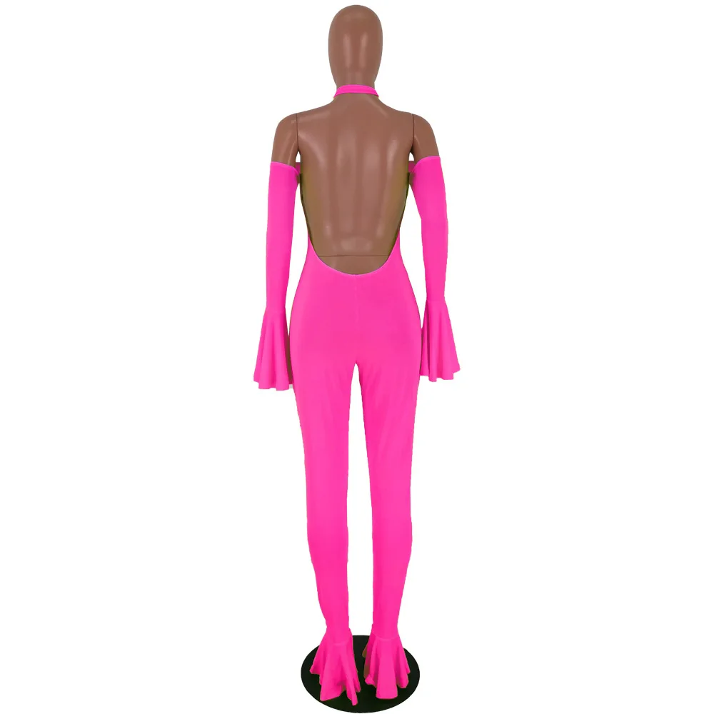GL Women Winter Playsuit Jumpsuit Full Flare Sleeve Slash Neck Bandage Strap Sexy Backless Night Romper Party outfits HY5105