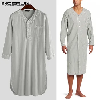 

Men Sleep Robes Man Fashion Striped V Neck Long Sleeve Button Pajama Bathrobes Pockets Leisure Casual Summer Sleepwear INCERUN