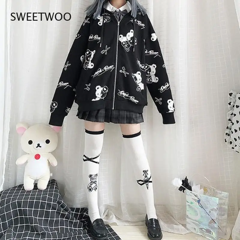 Gothic Sweatshirt Women Kawaii Fashion Autumn Winter Women Hoodies Cute Long Sleeve Zip Up Hoodie Plus Velvet Pullover