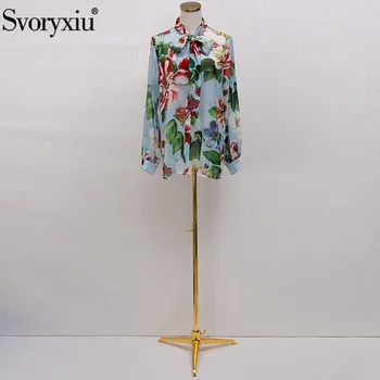 

Svoryxiu Designer Autumn Fashion Blouse Shirt Women's Elegant Bow Collar Lantern Sleeve Flower Print Blouse Top New