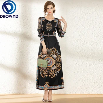 

DROWYD Snordic Black Print A-line Maxi Dress Casual Women Fashion Girl Boho Long Sleeve O-neck Dresses 2019 Queen New Vestidos