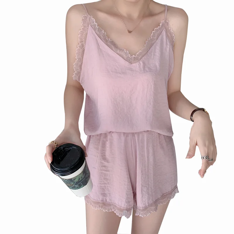 2020 Summer thin section frosted silk Pyjamas Women sling 2 piece set sexy lace ladies summer home service