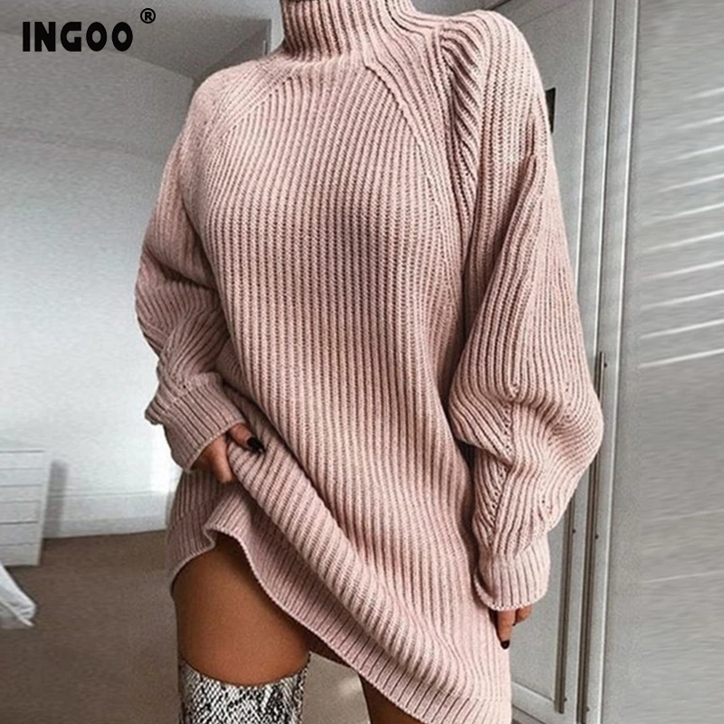 INGOO, Осеннее Ребристое короткое платье-свитер, Женское зимнее Сексуальное Милое Хлопковое платье с высоким воротом и длинным рукавом, однотонное свободное трикотажное платье