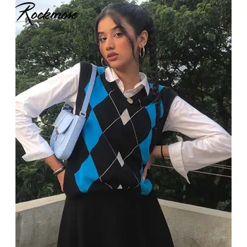 

JRYYT Argyle Loose V Neck oversize sweater Vest For Women Plaid Streetwear pullovers sleeveless Oversize Casual Cardigans Top