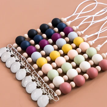 

1pcs pacifier dummy clips chain bpa free silicone wooden beads nipple soother Metal clips holder montessori baby stroller chain