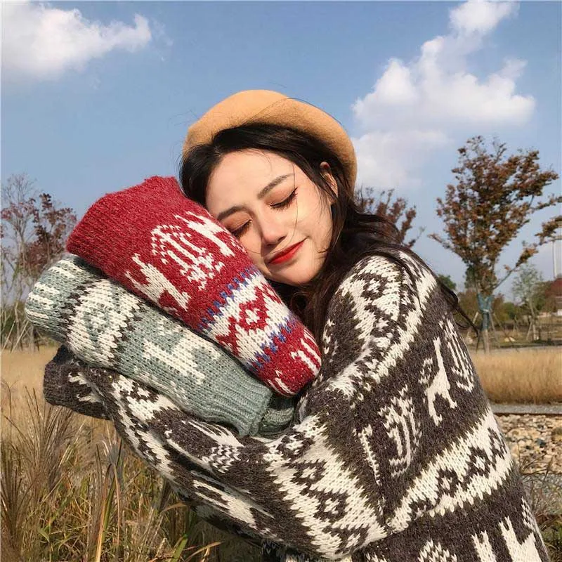 NiceMix Christmas Deer Online Celebrity Sweater New Year Red Winter Style Laziness-Style Loose Warm Yarn Tops | Женская одежда