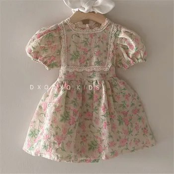 

Korean Style Toddler Girls Vintage Tutu Dress Floral Pattern Girls Short Sleeve Dresses Baby Children Fashion Clothes