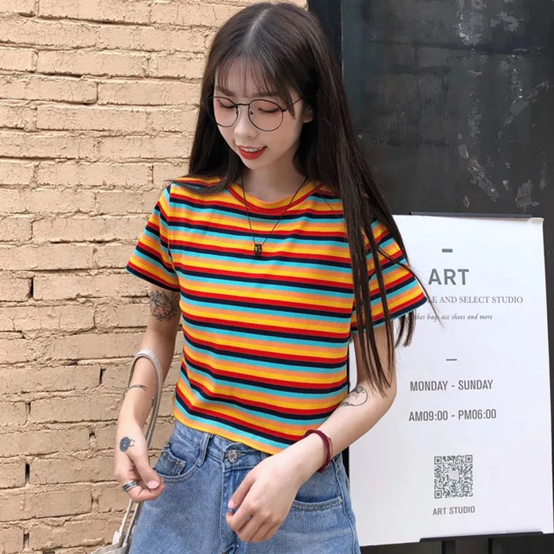 

Harajuku T-shirt Women Rainbow Striped Short Sleeve Summer Tops Fashion O Neck Korean Short T-shirt