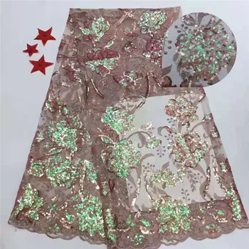 

Sequins Material African French Net Lace Fabric Sequins Milk Silk Lace High Quality Nigerian Lace Fabric 5Yards For Wedding