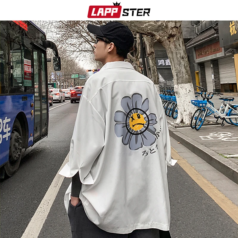 LAPPSTER Men White Flower Korean Shirts 2020 Mens Half Sleeve Harajuku Black Shirt Male Vintage Casual Clothing Button Up Shirt LAPPSTER Men White Flower Korean Shirts 2020 Mens Half Sleeve Harajuku Black Shirt Male Vintage Casual Clothing Button Up Shirt