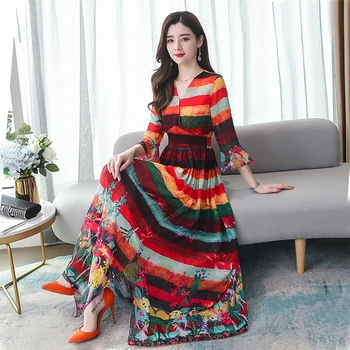 

Spring and Summer New Silk Long Dress Women Multicolor Elastic Waist V-neck Ruffle Sleeve Dress Plus Size Clothes
