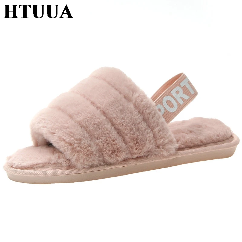 HTUUA размеры 36-41 Для женщин домашние тапочки на зиму на мягкой подошве теплый пушистый мех женские шлепанцы на плоской подошве с мехом домашние тапочки из материала на основе обувь S3419