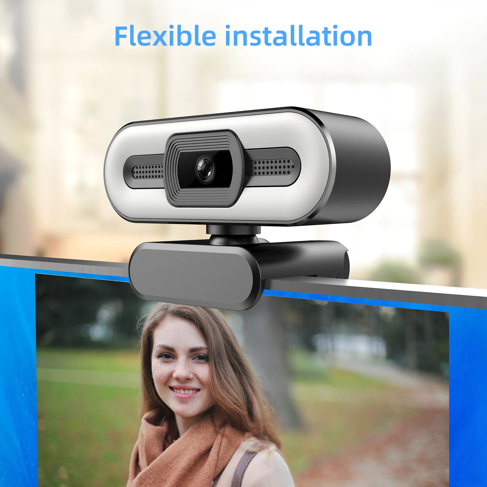 조정 가능한 링 라이트 내장 웹캠 풀 HD 웹 카메라, 고정 초점 광학 렌즈 마이크, USB 컴퓨터 카메라 플러그, 1080P