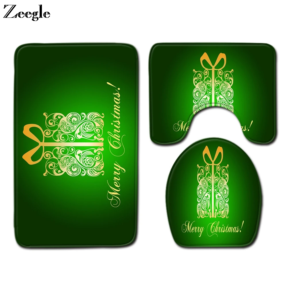Zeegle Christmas 3pcs Bathroom Mat Set Anti-slip Bathroom Doormat Shower Mat Flannel Soft Toilet Seat Cover Absorbent Toilet Set