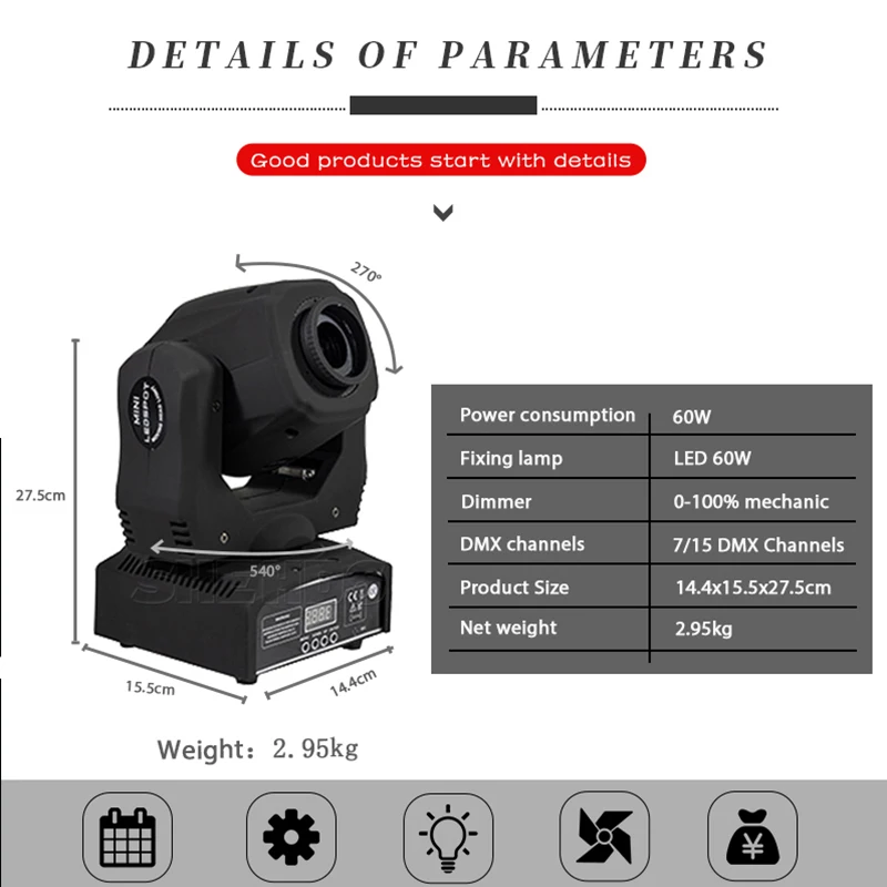  2 Pcs 60w Led Spot Light 7 Gobos Moving Head Light DMX 9/11 Channels Light/Master-Slave/Auto Run/So - 32777191433