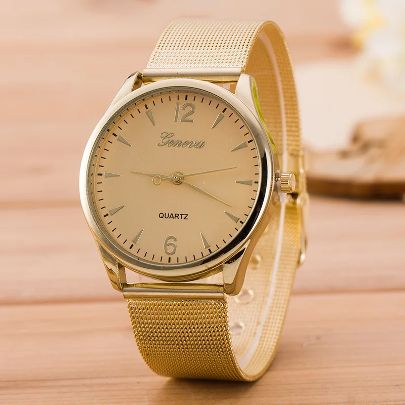 Geneva Ladies Trend Golden Stainless Steel Mesh Belt Watch Digital Simple Ultra-Thin Strap Alloy Quartz Women Watches relógio afbeelding