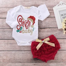 Рождественская Одежда для новорожденных девочек из 2 предметов боди с Санта-Клаусом+ кружевные штаны с оборками