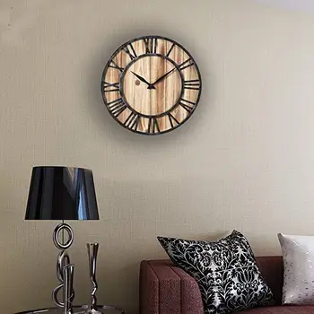 

European Vintage Wall Clock Living Room Wrought Iron Wood Horloge Wall Clock Retro Style Home Decoration 40×40×5cm
