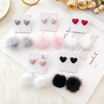 

Autumn And Winter Cute Fur Ball PomPom Long Drop Earrings for Women Fashion Heart Unique Soft Pom Pom Dangle Earring Jewelry