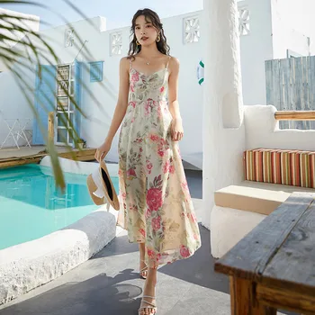 

2020 Summer Women Floral Print Beach Dresses For Vacation V Neck Sleeveless Backless Elegant Midi Slip Dress Woman Clothes D173