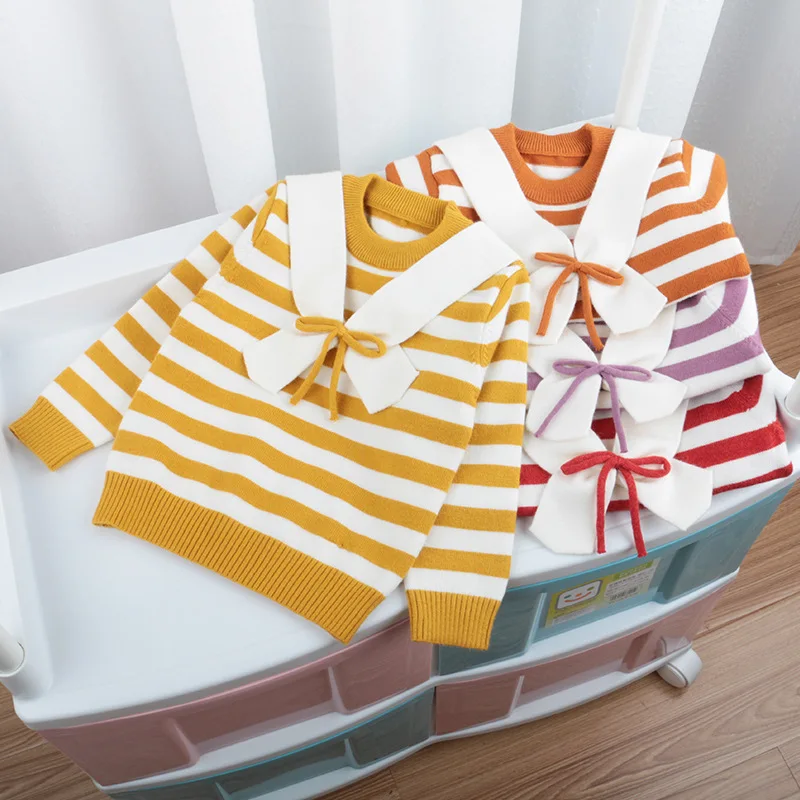 

2018 Korean-style Childrenswear Autumn New Products Kids' Sweater Girls Bow Small CHILDREN'S Stripes Sweater Navy Style