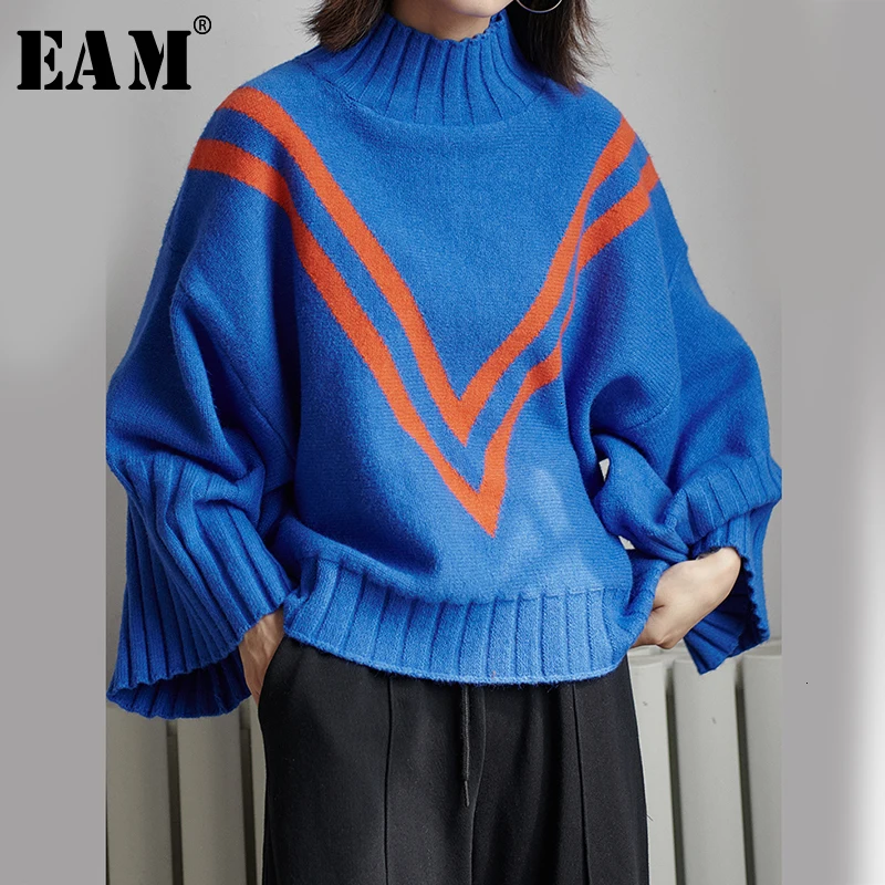  [EAM] Blue Striped Big Size Knitting Sweater Loose Fit High Collar Long Sleeve Women New Fashion Ti