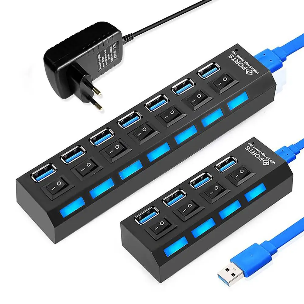 USB HUB USB 3,0 HUB Splitter Multi USB 3,0 2,0 HUB USB3 4/7 puertos multipuerto Hab PC accesorios con adaptador de corriente para la computadora