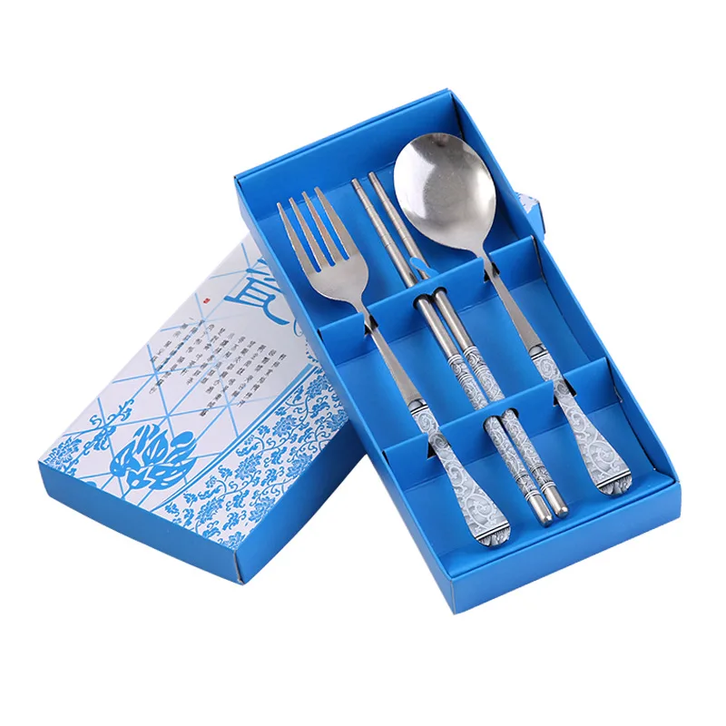 Portable Chinese-style Tableware Three-piece Set Stainless Steel Cutlery Chopsticks Spoon Fork Tableware Set Wholesale