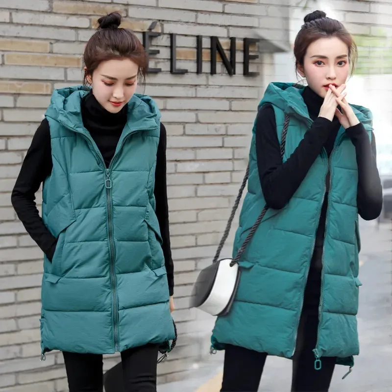 2021 New Women's Vest Jacket Down Cotton Vest Autumn Winter Jacket Hooded Long Coat Sleeveless Loose Female Waistcoat Snow Wear black puffer