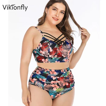 

Vikionfly Fat Bikini Push Up Plus Size Swimwear Women 2020 Sexy Floral Lace Up Large High Waist Swimsuit Bathing Suit Swim 4XL