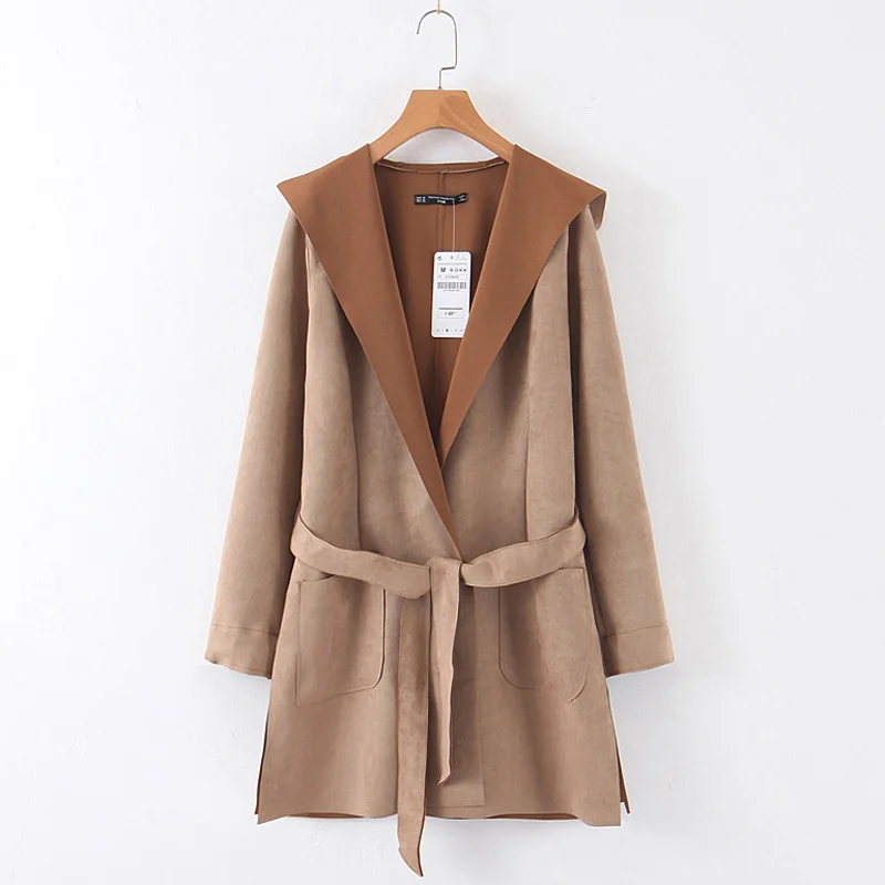 

Fandy Lokar Solid Hooded Jackets Women Fashion Suede Coats Women Elegant Tie Belt Waist Pockets Jackets Female Ladies II