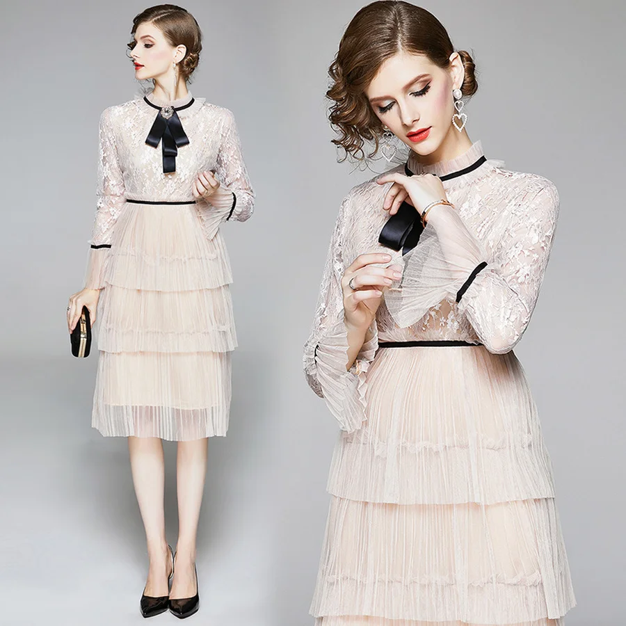 2022 Vintage High Street Lace Mesh Midi Dresses Autumn Winter Plus Size Long Sleeve Dress Elegant Women Bodycon Party Vestidos | Женская