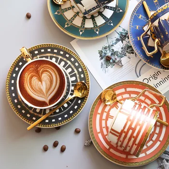 

High quality bone China cup coffee Nordic ceramic cup stripe glazed premium tea cup and sauce collection deluxe gift Decorative