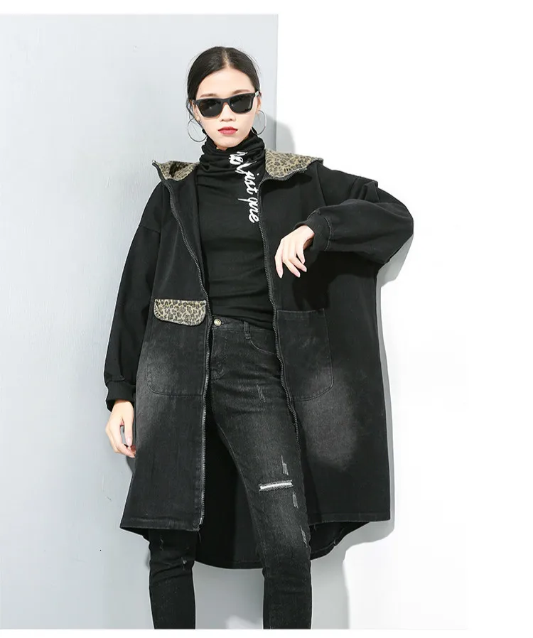 Max LuLu Fashion Korean Ladies Punk Oversized Clothes Womens Hooded Leopard Denim Trench Coats Vintage Black Long Windbreakers