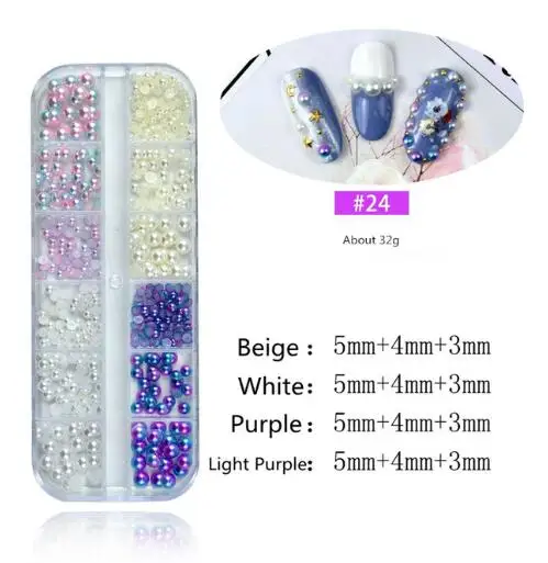 24 Nail Pearl 12 сеток AB белые жемчужины для дизайна ногтей украшения смешанных размеров жемчужные стразы бусины плоские с оборота кончики для ногтей для маникюра Nailart - Цвет: 24 Nail Pearl